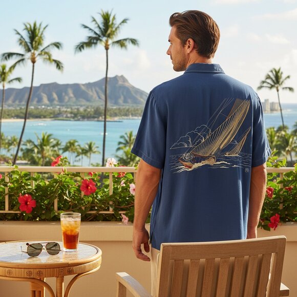 NWT Tori Richard Blue Button Down Shirt Small Embroidered Canoe - Picture 2 of 11